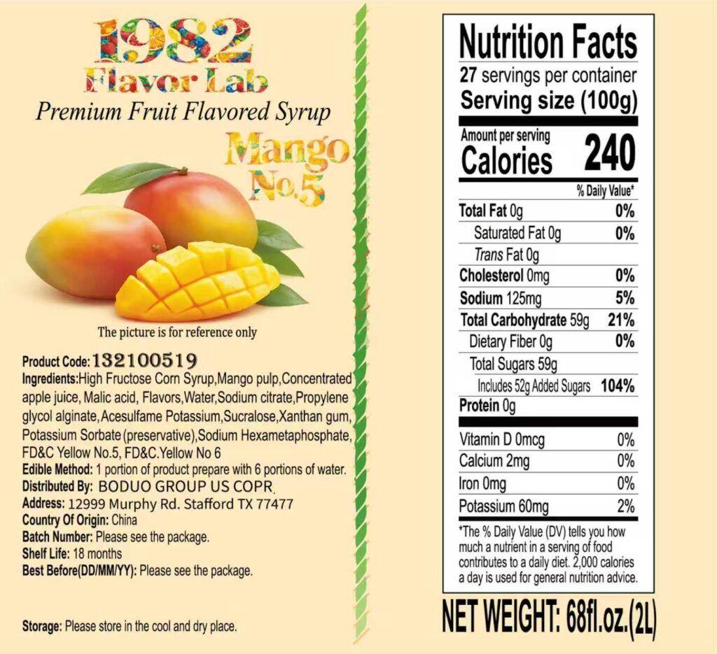 1982 Mango No. 5 syrup label and nutrition facts